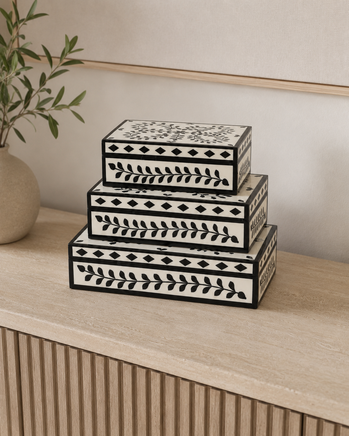 Cajas Decorativas Pétalos Azul y Blanco - Set de 3