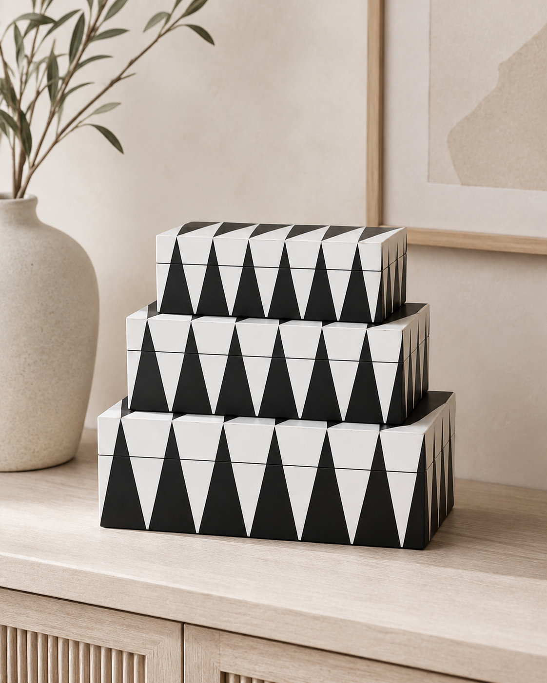 Cajas Decorativas Patrón Triangular B&N - Set de 3
