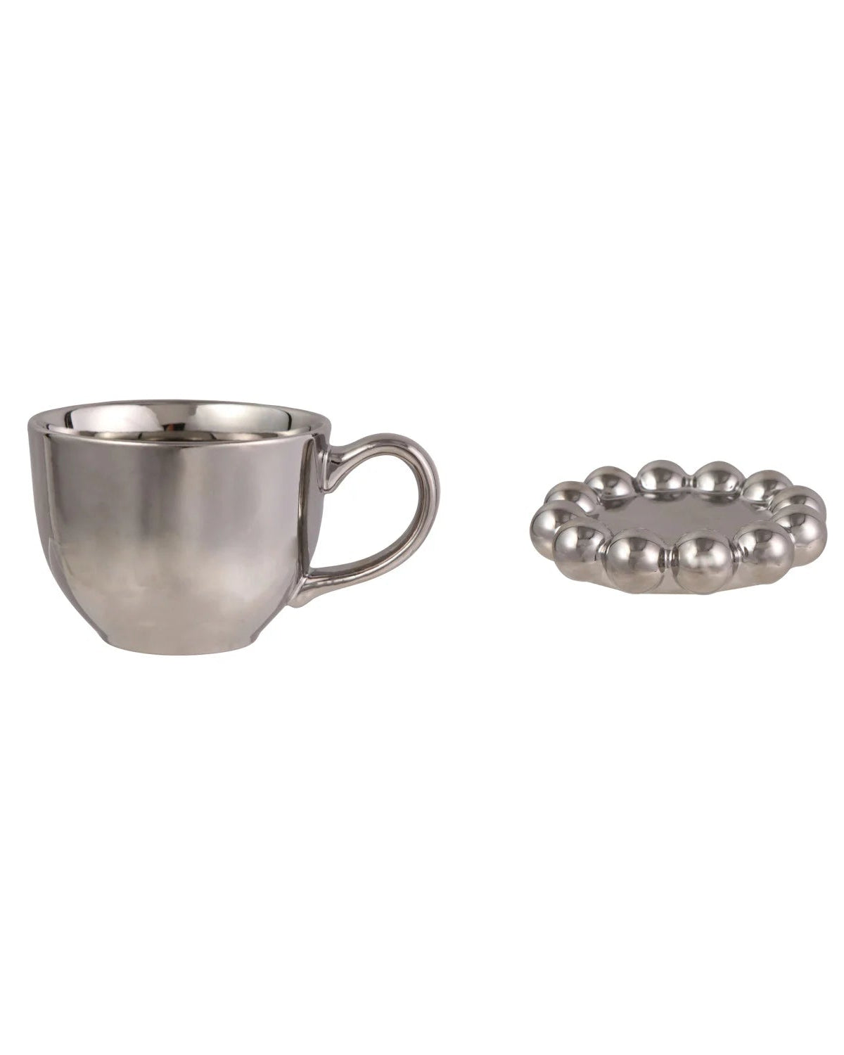 Taza De Gres Con Platillo Redondo De Borde Metálico De 5-1/2", Acabado Cromado, Juego De 2