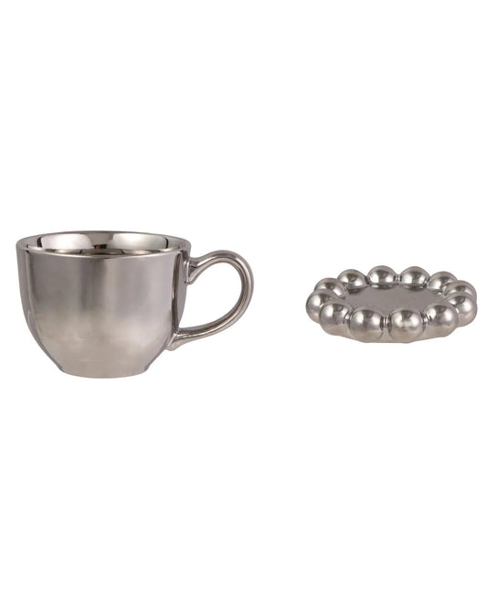 Taza De Gres Con Platillo Redondo De Borde Metálico De 5-1/2", Acabado Cromado, Juego De 2